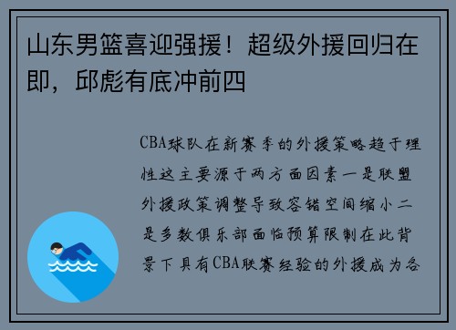 山东男篮喜迎强援！超级外援回归在即，邱彪有底冲前四